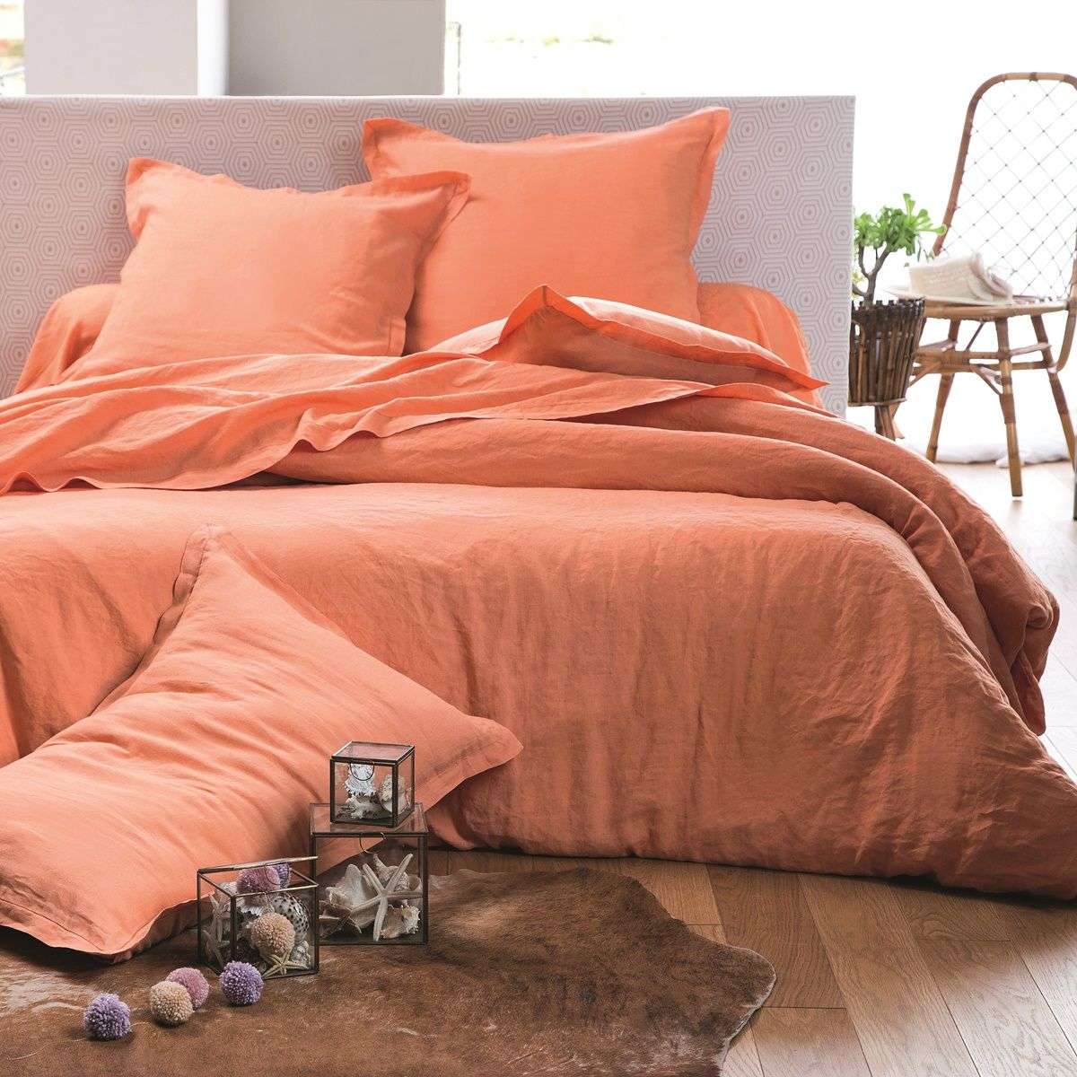 Washed cotton bed linen set orange | Bed linen | Tradition des Vosges